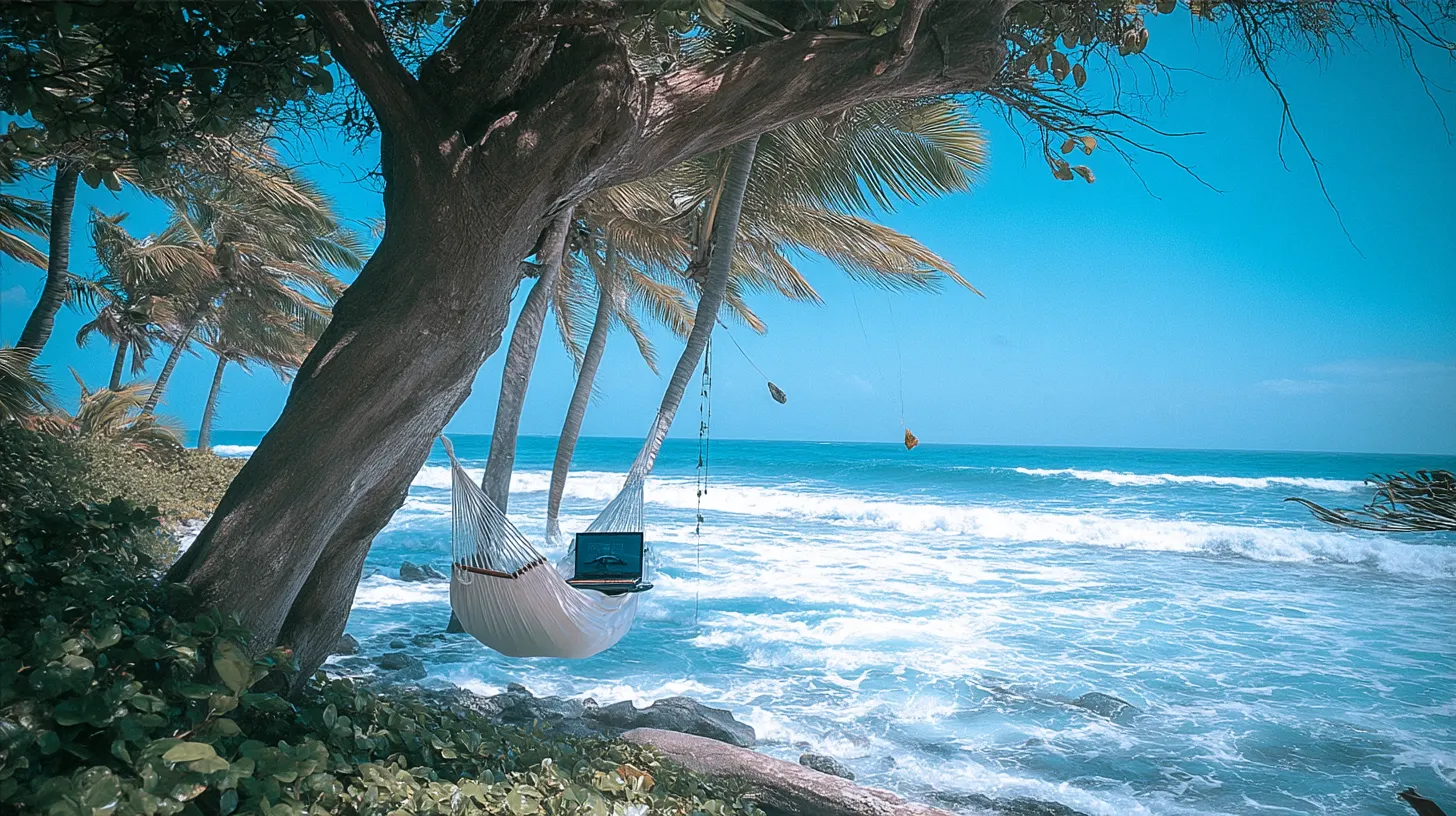 Relaxed remote worker setup on a beach in Barbados, with a hammock, palm trees, laptop, and Caribbean ocean view. Balanced productivity and island life.