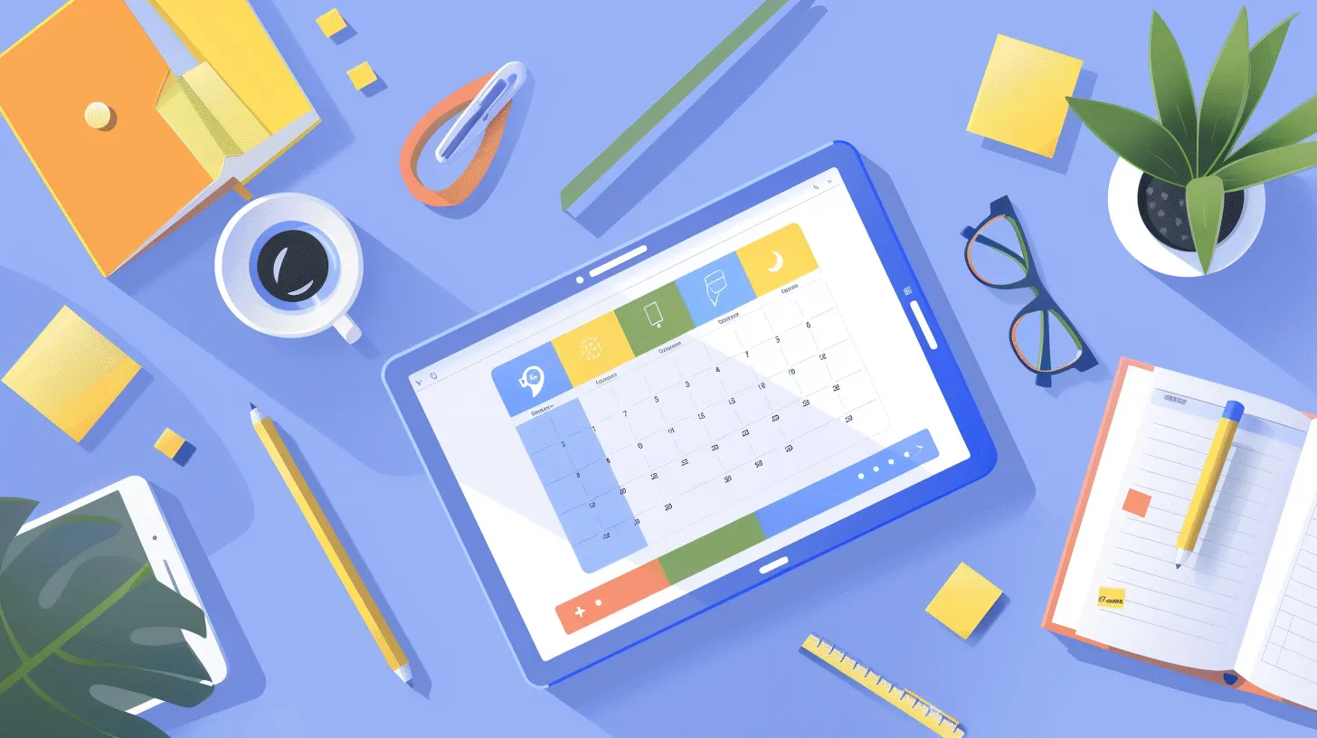 Color-coded weekly planner with sticky notes and digital tools on a tidy workspace