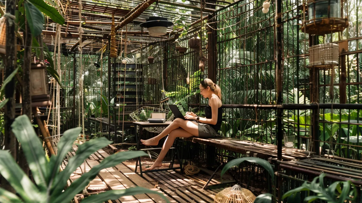 Remote worker in Chiang Mai, Thailand, using a laptop in a tropical coworking space with plants, iced coffee, and barefoot relaxation. Casual Southeast Asia work scene.