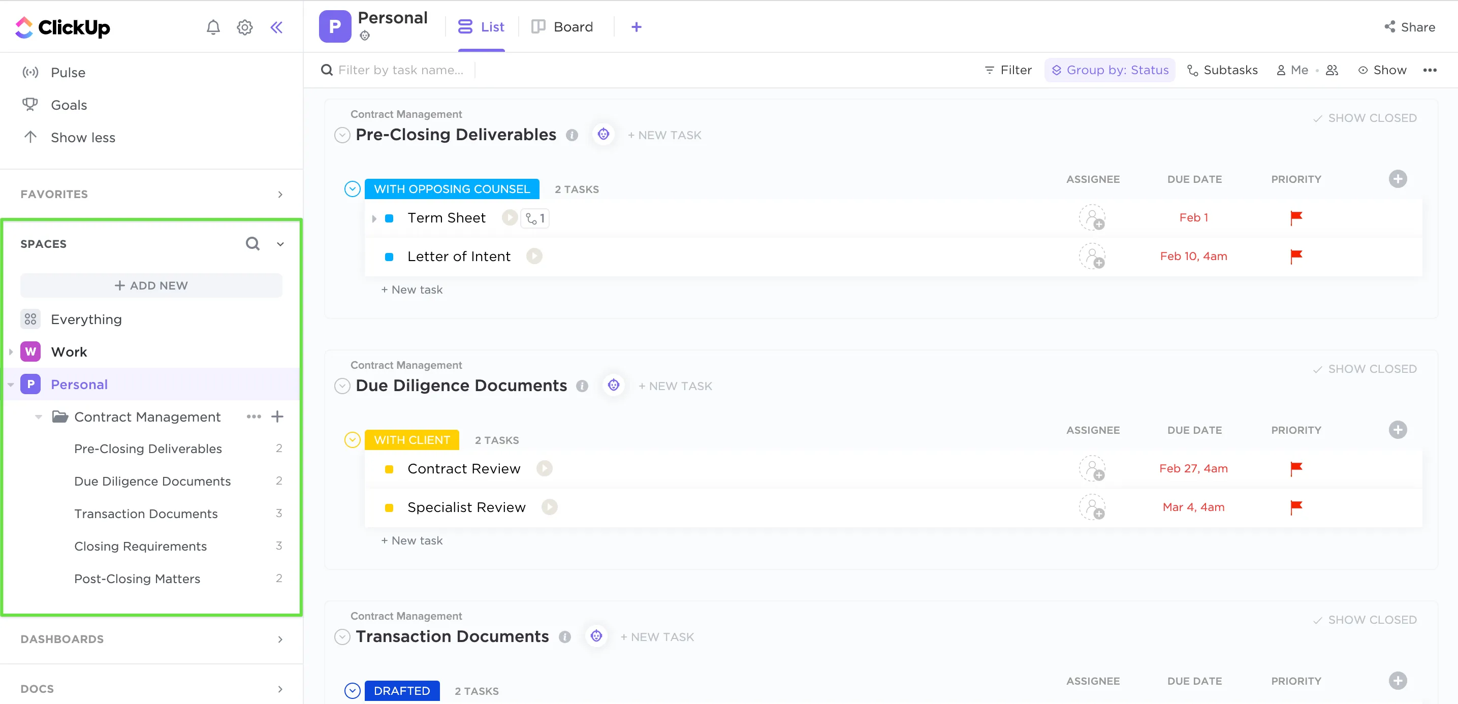 Screenshot of ClickUp dashboard with tasks, timeline, and board view