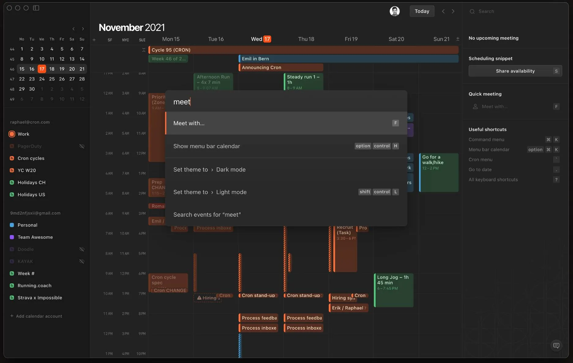 Screenshot of Cron calendar app with clean modern UI