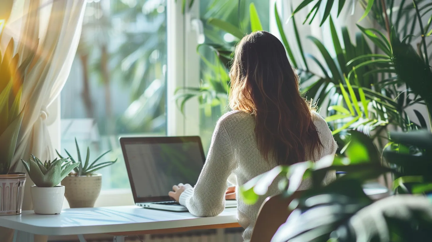 Minimalist remote workspace with a person focused on a laptop in a calm setting