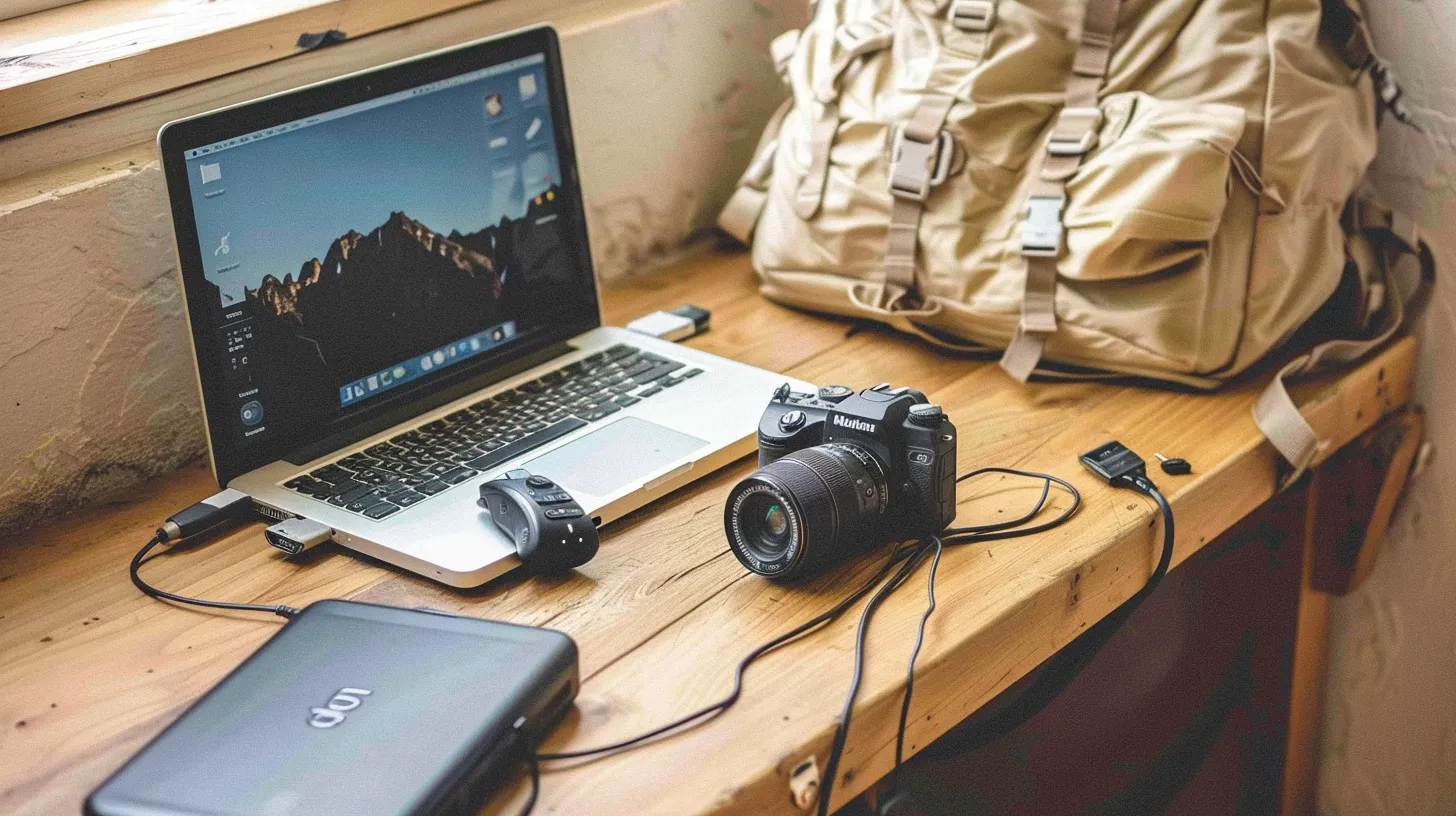 A digital nomad prepares remote work gear including a compact keyboard, cable pouch, and universal adapter, ready to pack into a travel backpack.