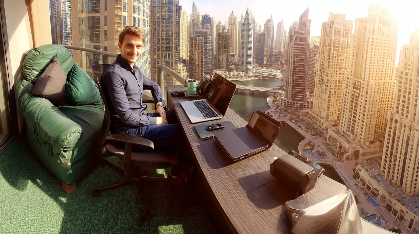 Entrepreneur in a luxury Dubai coworking space with a skyline view. Sleek interior, modern tech setup, and bright sunlight define this premium digital hub.