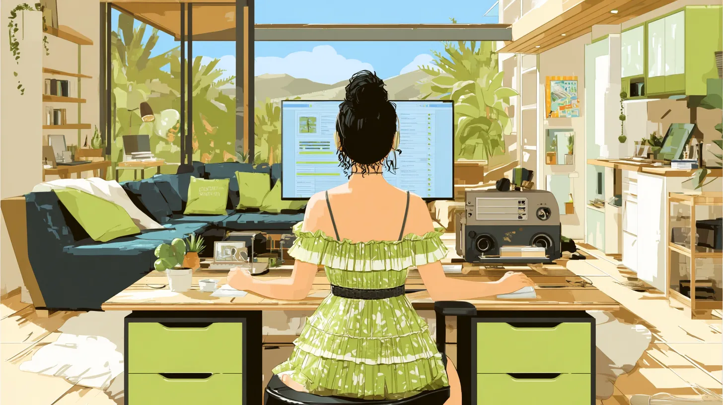 A realistic home office featuring a remote worker at a standing desk with an ergonomic chair, surrounded by natural light in a calming setup.