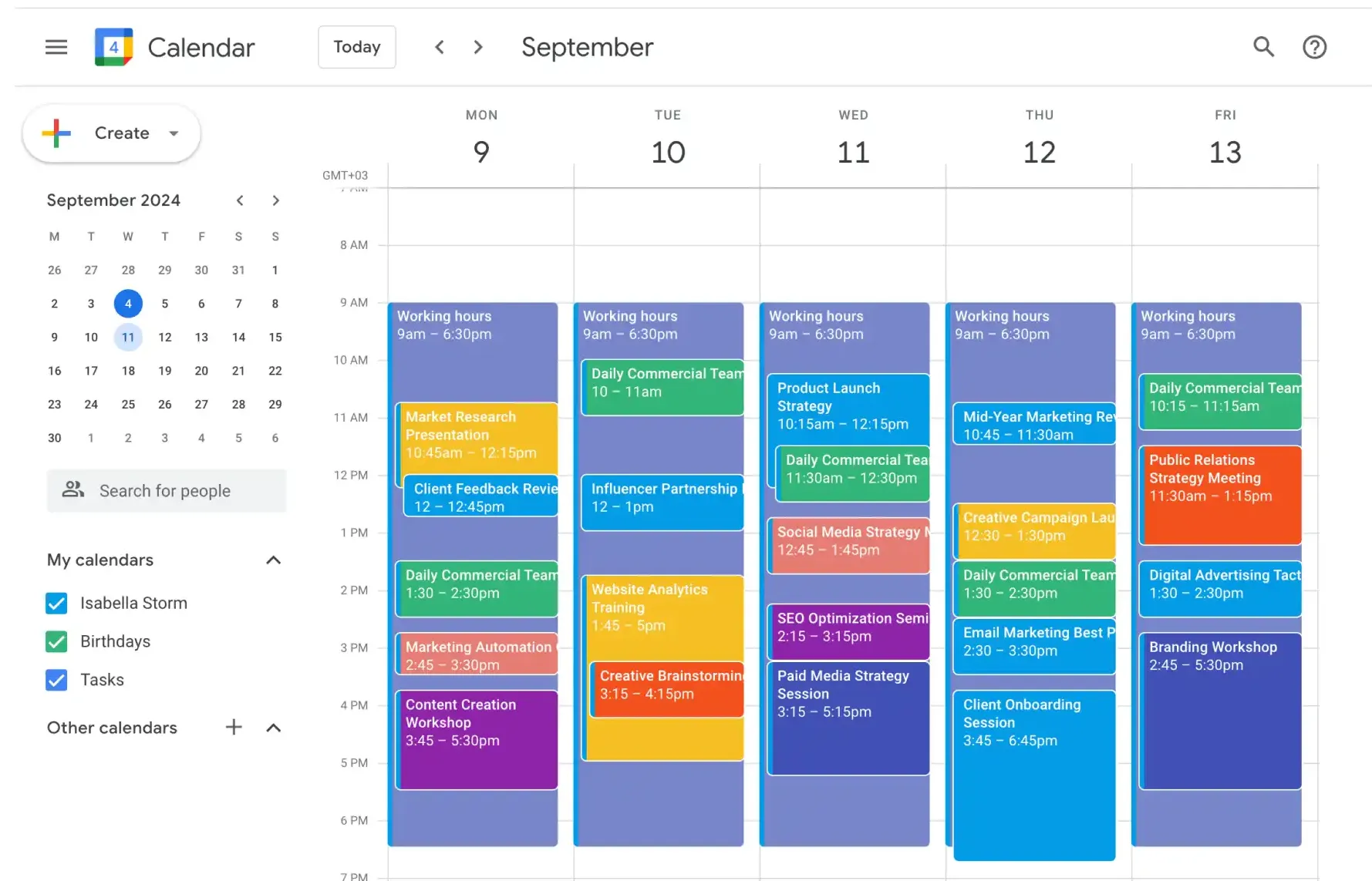 Screenshot of Google Calendar showing events across time zones