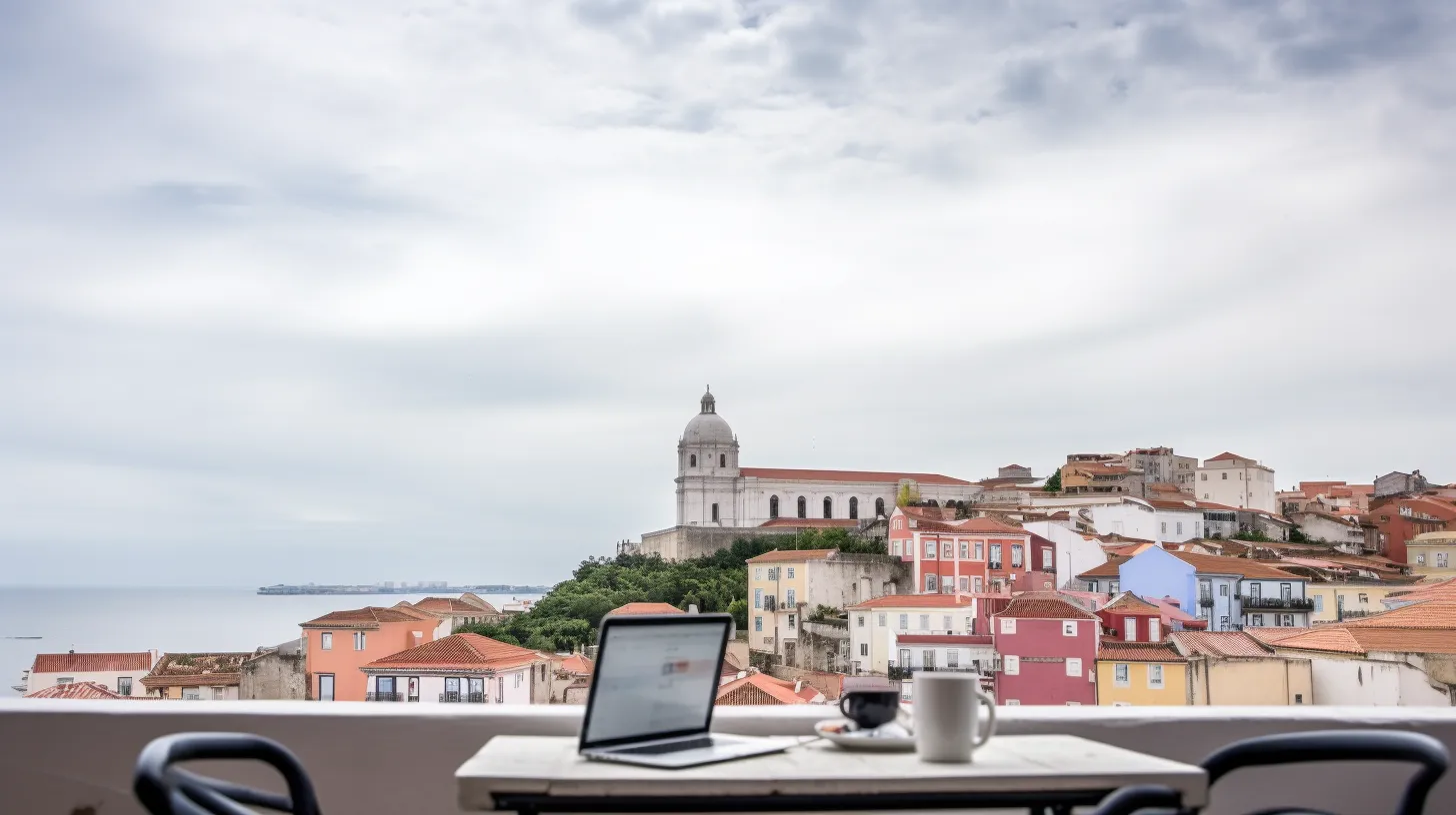 Digital nomad working from a rooftop café in Lisbon, Portugal, overlooking historic buildings with a laptop and espresso in view. Modern European lifestyle scene.