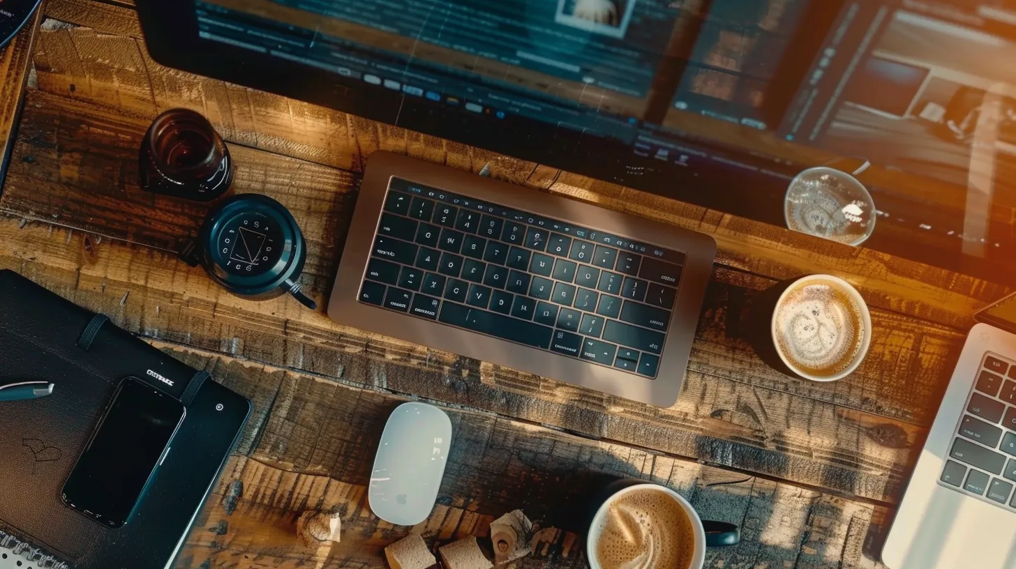 A high-resolution flat lay of tech gear for remote workers, featuring a laptop, USB hub, ergonomic mouse, and external monitor on a clean desk.