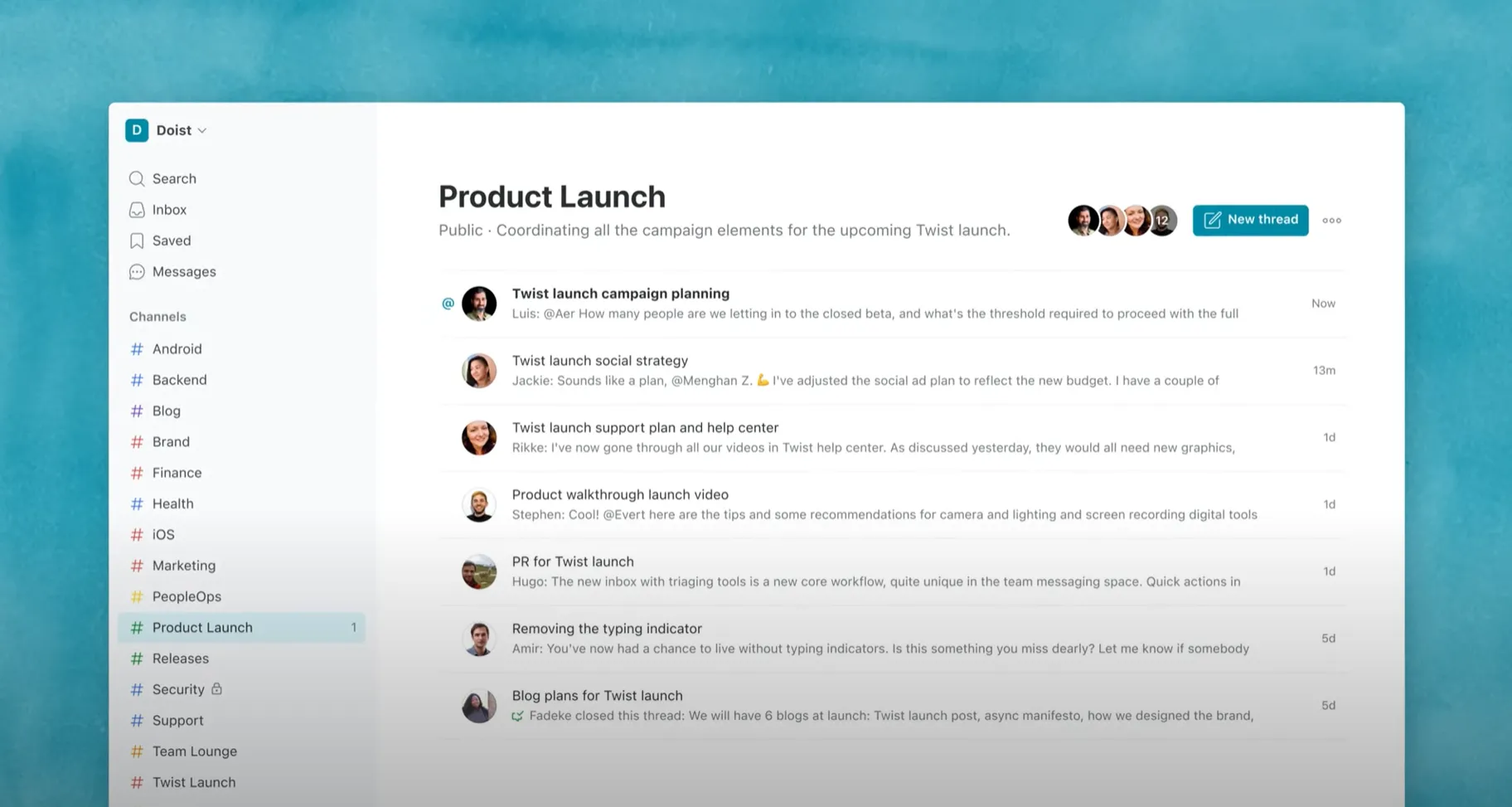 Screenshot of Twist showing async thread-based conversations